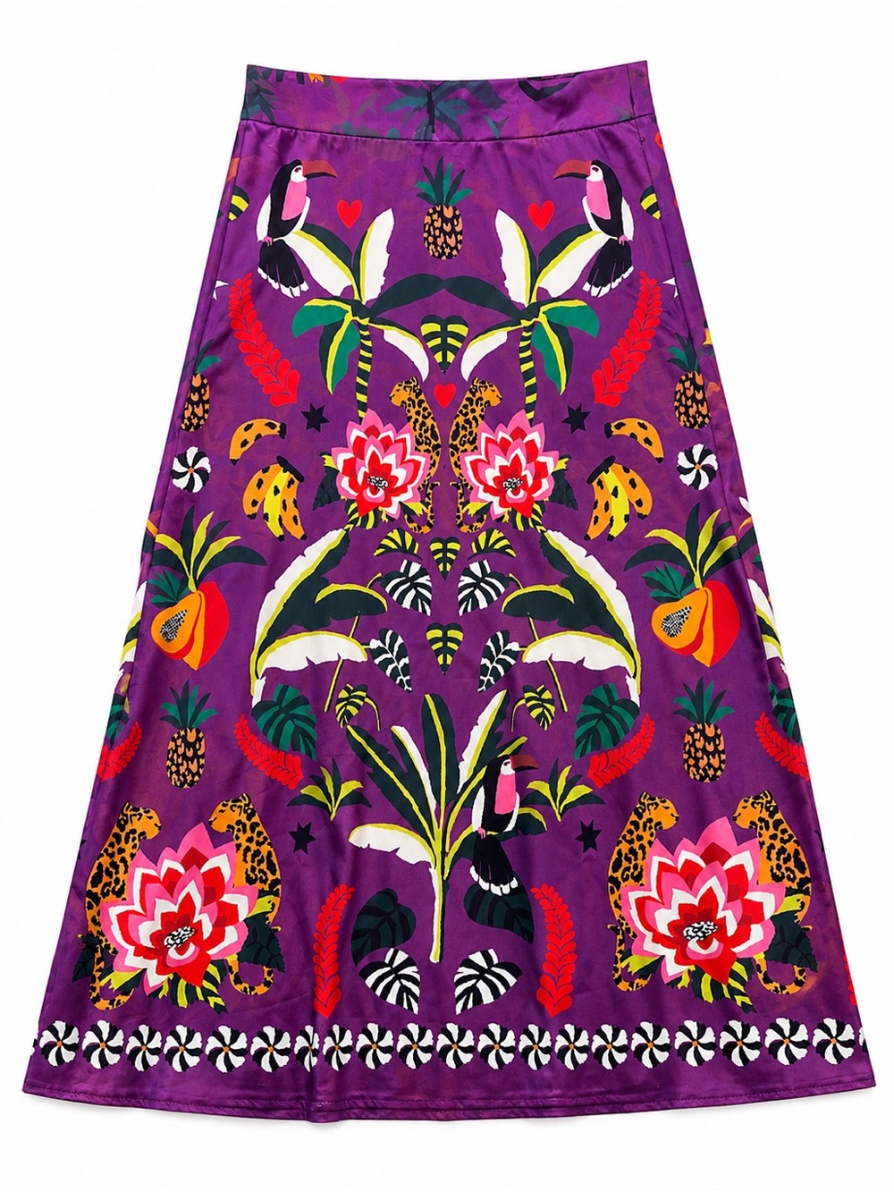 Tropical Print Midi Skirt Womens M Purple Toucan Leopard Floral Elastic Waist